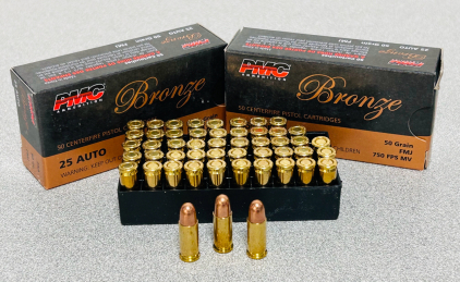 (100) Rounds Of PMC Bronze 25 Auto 50 Gr. FMJ