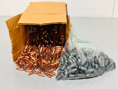 Box Of .22 Caliber Copper Bullets and Bag Of 9mm Lead Bullets 147 Gr.