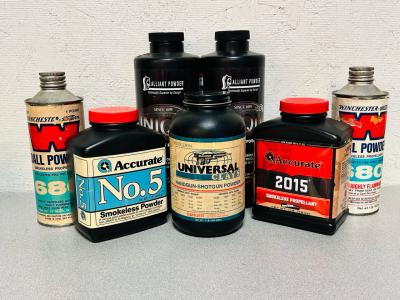 Winchester Ball Powders, Hodgdon Universal Handgun- Shotgun Powder, Accurate Smokeless Powders, and Alliant Smokeless Powders