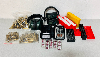 Brass Casings, Caldwell Soundproof Earmuffs, Gun Cleaning Kit, Daisy BBs, and Ammo Storage Cases