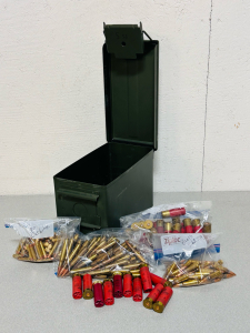 Metal Ammo Box With Mixed Ammo Rounds: Winchester 12 Gauge, .30 Carbine, 7.62x 39 and More