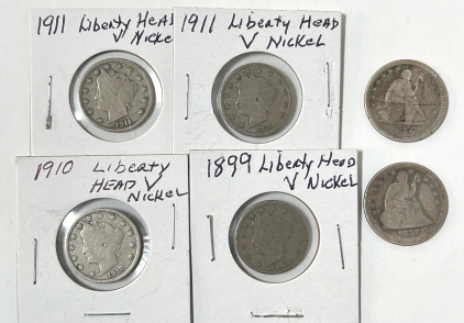(2) Vintage Seated Liberty quarters And (4) Vintage Liberty Head V-Nickels