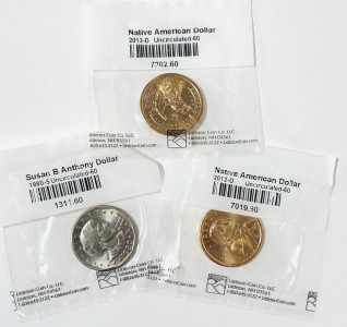 (3) Uncirculated Coins: 1980-S Susan B Anthony Dollar and 2012 D/ 2013 D Native American Dollars
