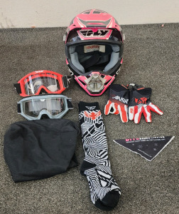 Hot Pink FLY Helmet, Goggles, Socks, And A Pair Of ANSR Gloves