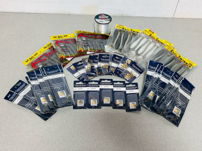 (6) New In Package Strike King Rage Swimmer Soft Baits, Bag Of Baitholder Hooks, and Pack of Rage Tail Soft Baits and More
