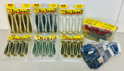 (6) New In Package Strike King Rage Swimmer Soft Baits, Bag Of Baitholder Hooks, and Pack of Rage Tail Soft Baits