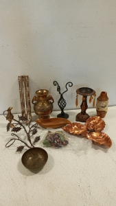 (10) Copper Color and Wood Collectibles, and (1) Bunch of Fake Grapes