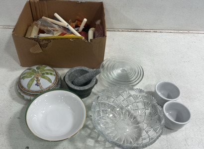 (1) Box of Assorted Candles (7) Bowls & Kitchenware Items