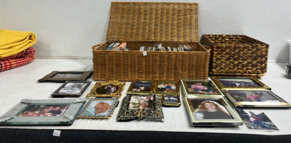 (13) Picture frames w/ Pictures (2) Woven Storage Containers