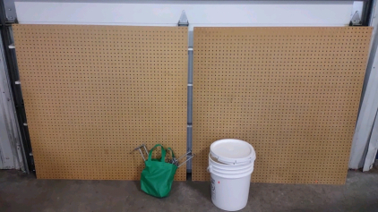 (2) 4'x 4' Pegboards w/ Metal Peg Hooks & (1) White 5gl. Food Grade Buckets