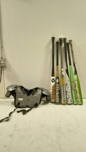 (1) Pair of Kid's Football Pads, (6) Assorted Name Brand Baseball Bats