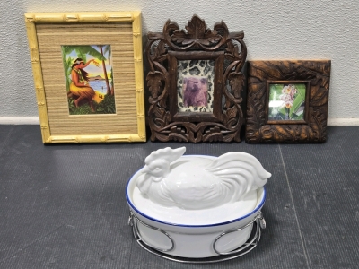 Hawaiian & African Wood Picture Frames, Oval Rooster Porcelain Dish w/ Lid