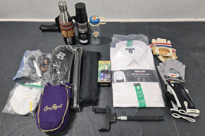 Assorted Item Lot: *New* Kirkland Comfort Sportshirt w/ Ties, Umbrellas in Carry Cases, Slefie Stick, Crown Royal Bags, Flashlights, Water Bottles, & More!