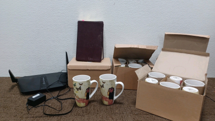 Kitchen Cups. WIFi Router. Bible Study Book.