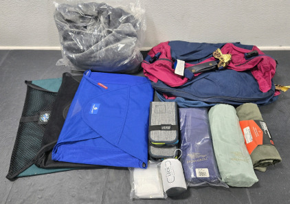 Travel Items: (3) Eagle Creek Pack-It Original Garment Folders, Duffle Bags, Lewis N. Clark Travel Pill Holders, Blankets, Pillow, & Microfiber Towel