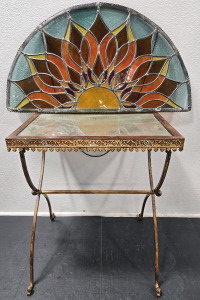 Vintage Wrought Iron Side Table w/ Glass Top - 19&frac14;"L x 12&frac12;"D x 22&frac14;"H & Hand-Made Hanging Stained Glass Decor - 29" x 15&frac14;"