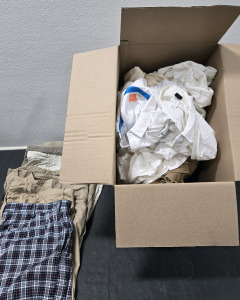 Large Box Filled w/ Brand Name Men's Shorts & Shirts Including Brands: Patagonia, Puma, Izod, Royal Ribbons, & More!
