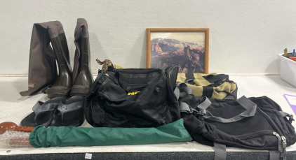 (1) Pair of Wafers (3) Luggage Bags (1) Pair of Sandals (1) Painting