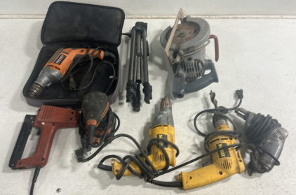 (2) Dewalt Drills (1) Ridgid Drill (1) Skillsaw (1) Tri-Pod (1) Staple Gun