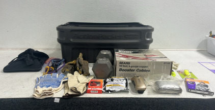 (1) Utility Storage Tote (1) 20LB Dumbell (1) 16&rsquo; Booster Cables, Assorted Automotive Accessories & Emergency Gear