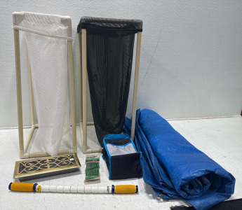 (1) Blue Tarp (2) Pipe Hampers (1) Vent Cover (1) Set Of Precision Screwdrivers