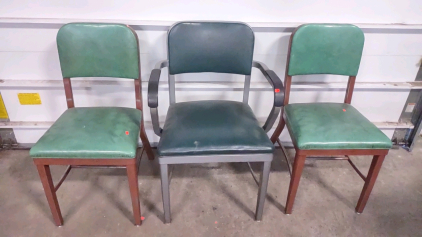 (2) Green Metal Padded Chairs & (1) Green Metal Padded Chair w/ Arms