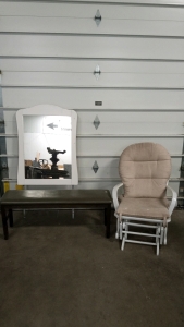(1) Wooden White Mirror, (1) Indoor Bench, (1) Rocking Chair