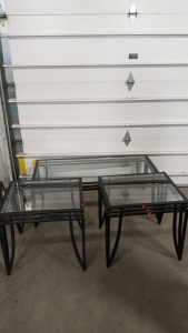 (1) Large Glass Table 4ftx2ft, (2) Small Glass Tables 11inx20in