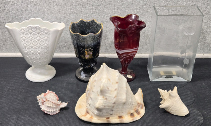 Imperial Glass Ruby Blood Red Footed Slag Pinched Top Vase / +$60 Value!, Japanese-Style Ceramic Painted Vase, Real Seashells, & More!