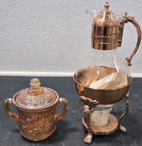Imperial Marigold Carnival Glass Sugar Bowl Iridescent Pink & Vintage Corning Brand Heat-Proof Glass Coffee Carafe w/ Copper Warming Stand