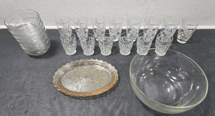 Set of (8) Vintage Libbey Rose Bouquet Cocktail Glasses, (6) Crystal Cut Short Tumblers, Glass Carnival Glass Peach Luster Tray, & Set of Glass Bowls
