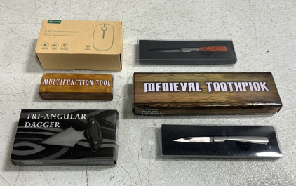 (2) Cowboy Toothpick Small Knives (1) Tri-Angular Dagger (1) Multi-Function Tool (1) 2.4G Wireless Mouse (1) Midieval Toothpick Knife