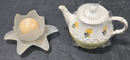 Ellgreave Staffordshire Genuine Heatmaster Teapot w/ Yellow Roses & Gold Trim Accents / +$50 Value! & Frosted Glass Candle Holder Made in Italy