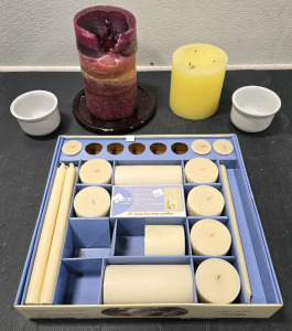 (2) XL Size Candles w/ Flat Candle Holder, (2) White Bowl Shaped Candle Holders, Partial Set of Clean Burning Candles