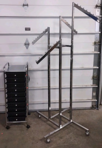 (1) Rolling Adjustable Metal Clothes Display Rack 4'5"+H x 2'10"L x 2'10"W & (1) Rolling 10-Drawer 13"x 16"x 38" Storage Rack