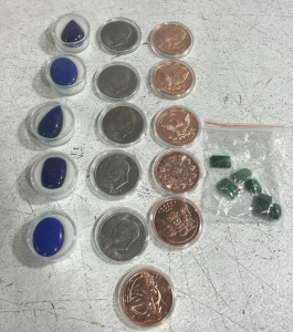 ((11) Collectible Replica Coins, (5) Lapiz Lazuli Cabochon Rocks (1) Bag of Green Rock Crystals