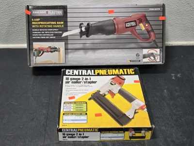 *New* Chicago Electric 6-Amp Reciprocating Saw & Like New Central Pneumatic 18 Gauge 2-in-1 Air Nailer/Stapler