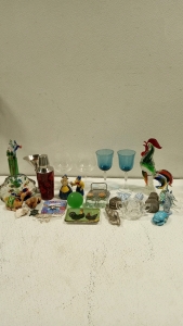 (1) Large Lot of Glasses, Glass Figures, Stone Carved Figures, Etc.