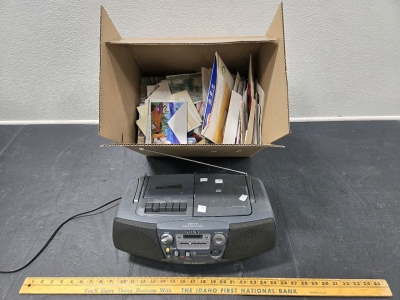 Sony CFD-V17 CD Radio Casette-Corder w/ Mega Bass Port, Large Box Filled w/ Assorted Unused Holiday & Thank You Cards w/ Envelopes, Wood Yardstick