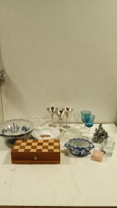 (1) Large Lot of Glass Figures, Cocktail and Wine Glasses, Chess Set, Real Coral, Etc.