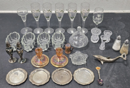 Set of (5) Vintage Perrier-Jouet Hand-Painted Crystal Champagne Glasses, (2) Imperial Iridescent Pink Glass Candle Holders, Silver Plated Coasters, Salt & Pepper Shakers, Decor Spoon, & More!