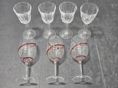 (4) CFL1 Cut Crystal Wine Glasses by Cristal De Flandre, (3) Swirline Red Balloon Bubble Wine Glasses by Pier 1