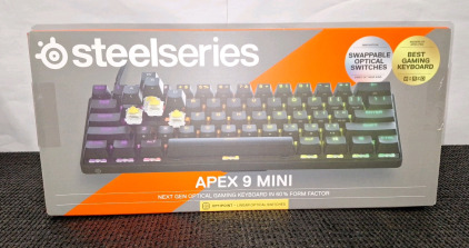 (1) SteelSeries Apex 9 Mini - HotSwap Optical Mini Keyboard - Compact 60% Layout - Optical Switches - RGB Customization - Aluminum Alloy Frame - Doubleshot PBT Keycap