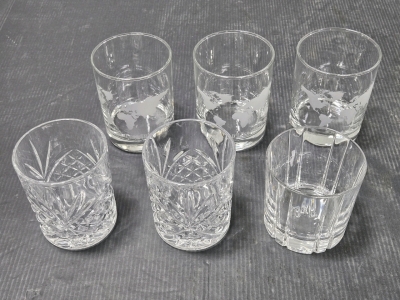 (2) Vintage Godinger Dublin Old Fashion Whiskey Cut Crystal Glasses, (3) Vintage Etched Glass "To The Road Less Traveled" Whiskey Glasses, (1) Royal Crystal Rock Old Fashioned Novecento Glass "Benedictine & Brandy"