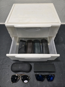L.L Bean Spectra Acrylex Lense Sunglasses w/ Champion Hard Case, Bausch & Lomb Outlook Double-Bar Frame Sunglasses w/ Hard Case, Plastic Storage Bin w/ Assorted Glasses Cases
