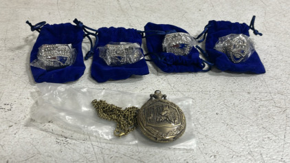 (4) Replica Patriot Championship Rings (1) Wolf Pocket Watch