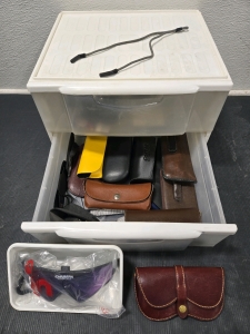 Galco Hand-Made Premium Leather Glasses Belt Clip Case / +$150 Value!, (2) Carrera Ultraflect Ski Goggle Sun Covers, Plastic Storage Bin Filled w/ Assorted Glasses Cases