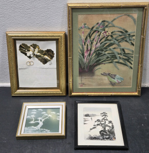Japanese Embroidery Art "Little Bird with River Orchids" by Bakufu Ohno - 13" x 17", Japanese "Pine Tree and River" Print - 7&frac34;" x 9&frac34;", One-of-a-kind Hand-Painted Bonsai Tree - 7⅜"&sup2;, Hand-Made Gold Accents Marriage Poem in Frame