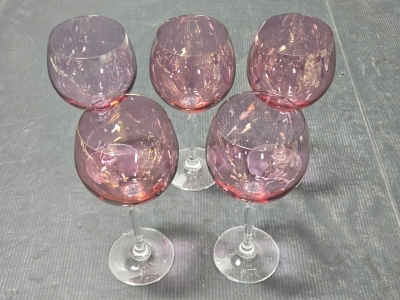 Set of (5) Vintage Cranberry Pink Crystal Bubble Wine Glasses
