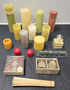 Assorted Collection of New & Used Decor Candles w/ Pack of Long Matches